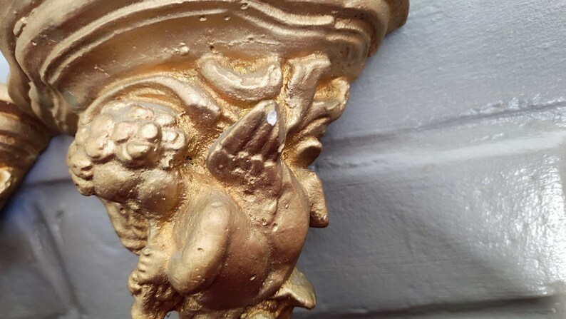 Antique Italian Cherub Wall Sconce Shelf, Gilded Plaster Pair Corbels image 17