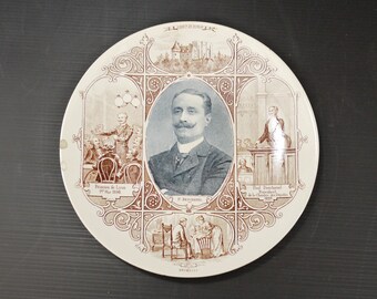 Antique Transferware Talking Plate Brown Ironstone French President Wall Hanging Portrait Plate Sarreguemines