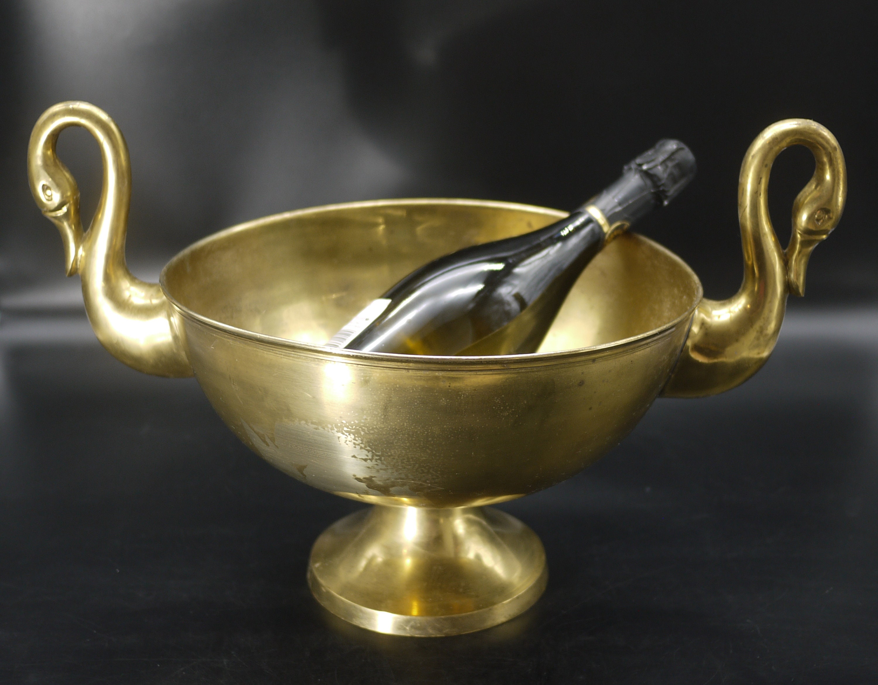 Art Deco Brass Champagne Bucket with Swan Handles