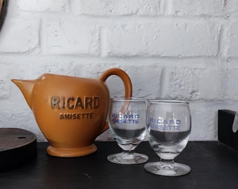 Vintage French Stoneware RICARD Pitcher and Glass Barware set
