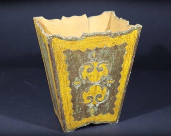 Vintage Gold Florentine Waste Basket Decorative Yellow Giltwood Bathroom Bin