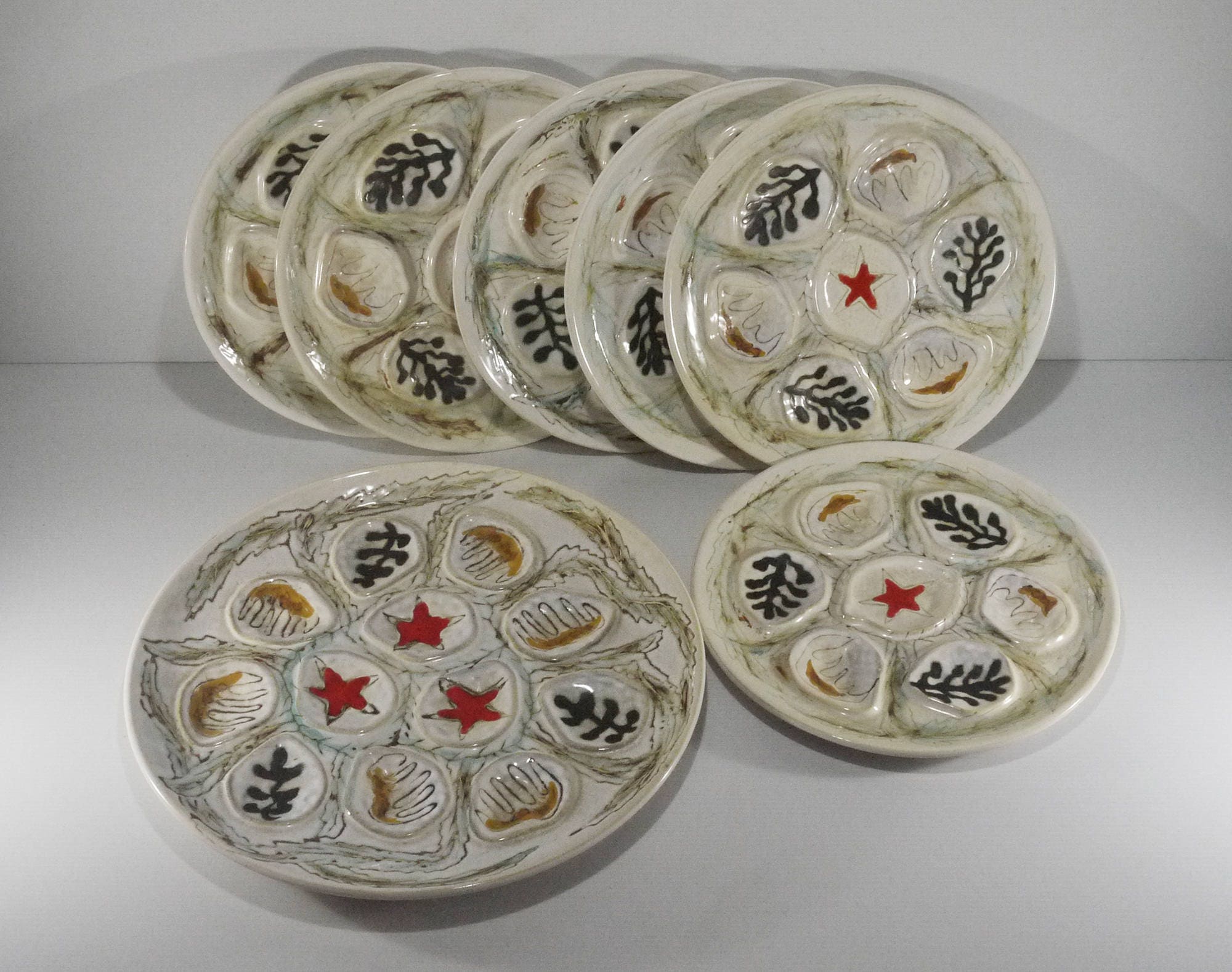 1960S French Majolica Oyster Serving Set By Pornic, S/7