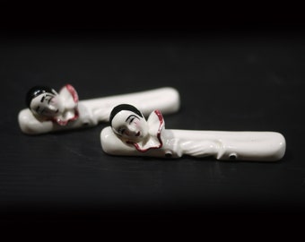 Art Deco Porcelain Pierrot Clown Knife Rest, S/8