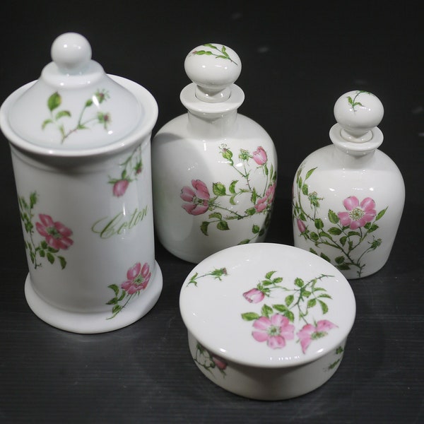 Limoges Porcelain Vanity set with Hand Painted Wild Pink Roses