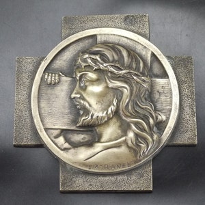 French Bronze Jesus Portrait Bas Relief Wall Plaque Signed by Ranel