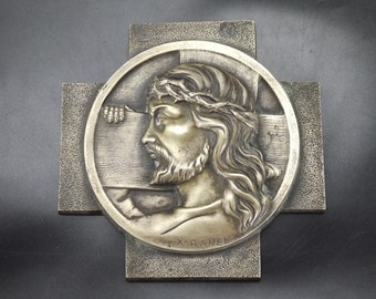 French Bronze Jesus Portrait Wall Plaque Signed by Ranel