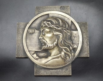 French Bronze Jesus Portrait Bas Relief Wall Plaque Signed by Ranel
