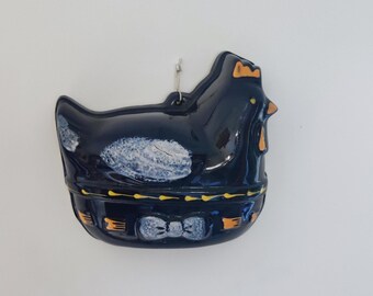 Vintage French Chicken Cake Mold Blue Ceramic Rustic Bundt Pan Alsatian Kitchen Wall Decor