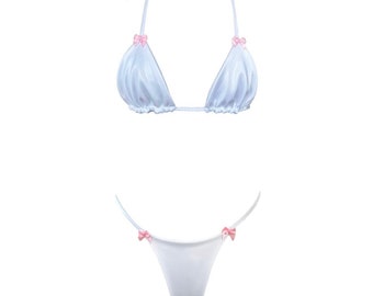 Coquette Pink Bows Handmade micro thong or cheeky Bikini Set // silver pink white blue purple