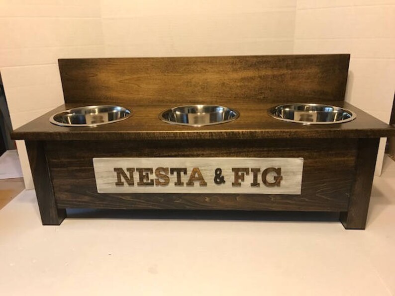 Raised Dog Bowl Rustic Wooden Dish Stand 3 Feeder Image 0