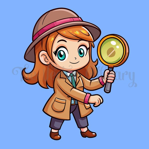 Junior Sleuth with Magnifying Glass,Mystery Solver Investigating, Cute Girl Detective on the Case,vector Clipart SVG Clip Art eps jpg png