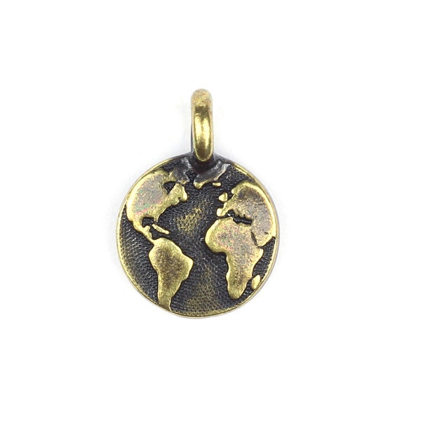 Earth Charm, Flat Globe Charm, Tierracast Charm, 12mm x 17mm, Charm for Jewellery Making, Pewter Charm, Brass Charm, Gold, World Charm