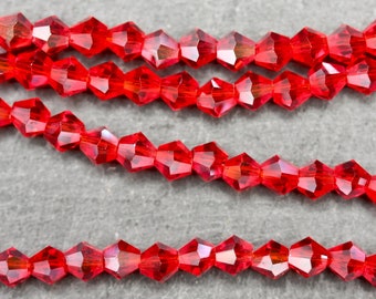 Transparent Red Glass Bicone Bead Strand, 4mm Glass Beads, Approx. 116 beads per strand, Faceted Glass Beads, Bright Red Glass Beads