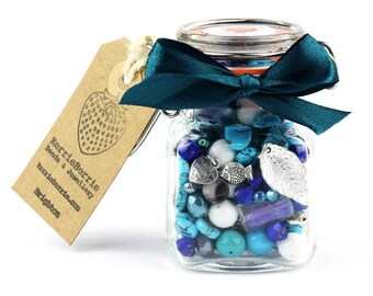 Bead & Jewellery Kit Gift Jar in OCEAN, SMALL Beading Kit, Jewellery Making Kit, Jewellery Kit, Beginners Craft Kit, Kids Creative Set, Blue