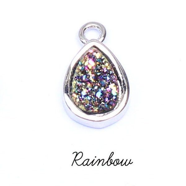 Teardrop Rainbow Druzy Crystal and Silver Pendant Charm, Jewellery Making, Drusy Charm, Druzy Charm, Druzy Crystal Bead, Crystal Pendant