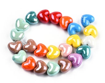 Porcelain Heart Shaped Beads, Handmade Glazed Beads, 14mm Beads, Colourful Beads, Fun Beads, Jewellery Making, Beads for Bracelet