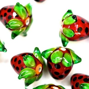 Strawberry Handmade Glass Lampwork Beads, Strawberry Beads, Strawberry Charm, Fruity Beads, Handmade Glass Beads