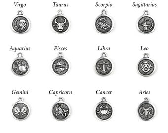 Amuletos zodiacales de plata, Amuletos de 15 mm, Amuletos plateados Tierracast, Amuletos de signos estelares, Amuletos de horóscopo, Signos estelares, Amuletos de collar colgante