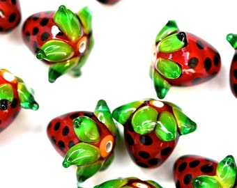 Strawberry beads, strawberry charm, lampwork bead, fruit beads, food beads, lamp work beads, glass beads, fruit jewelry