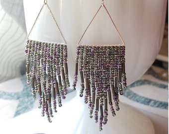 Magic Wine Time. Handwoven earrings. Seed bead earrings. Fringe earrings.