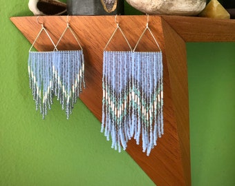 Azure. Handwoven earrings. Seed bead earrings. Fringe earrings.