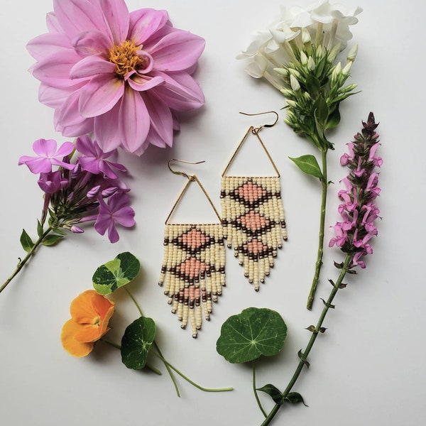 Raspberries and Cream. Handwoven earrings. Seed bead earrings. Fringe earrings. Geometric earrings. Pattern earrings.