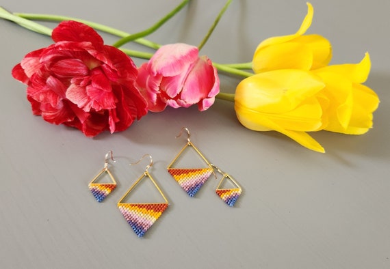 Handmade Sunrise Sunset Seed Bead Triangle Earrings