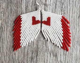 Hearts for Days. Fringe earrings. Heart earrings. Red and white earrings. Seed bead earrings. Handwoven earrings.