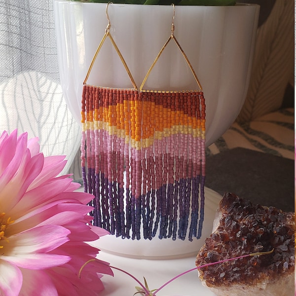 Handwoven Sunrise and Sunset Seed Bead Fringe Earrings
