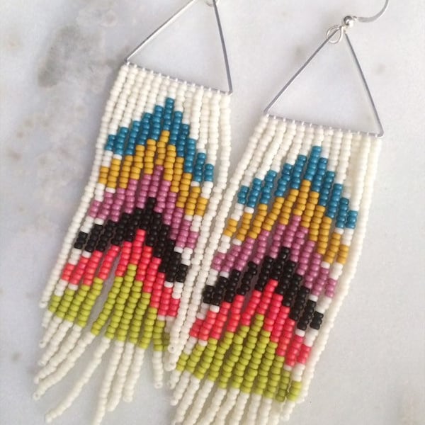Technicolor Dreams. Handwoven earrings. Seed bead earrings. Fringe earrings.