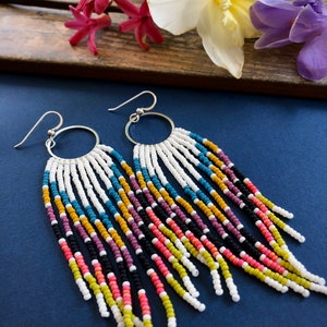 Technicolor Chevron. Handwoven earrings. Seed bead earrings. Fringe earrings.
