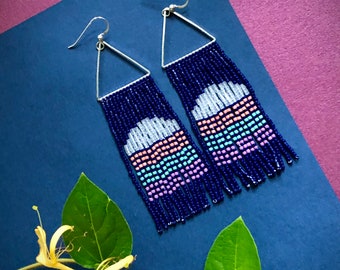 Full Moon Rising. Seed bead earrings. Handwoven earrings. Fringe earrings.