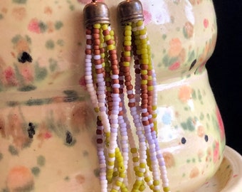Lemongrass and Lavender. Tassel earrings. Beaded earrings.