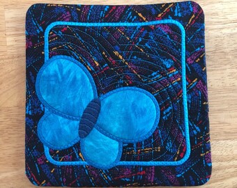 Embroidered Coaster or Hot Pad with teal Butterfly