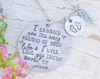 Miscarriage Memorial Necklace, Angel Baby Footprints, Hand Stamped Pewter