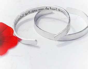 Hand Stamped Aluminum Cuff Bracelet, Hidden Message, Personalized Gift