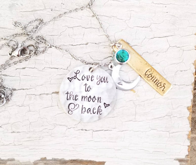Love you to the moon and back, mom necklace, mixed metal, mommy jewelry, moon necklace, new mom gift, new baby gift, mothers necklace image 7