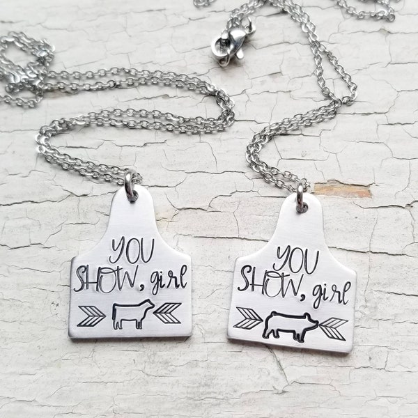 Custom show pig necklace, ear tag necklace, personalized cattle tag, farmers wife,  you show girl, silver tag, 4h, hog, show family