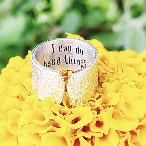 I can do hard things cuff ring, statement thumb ring, patterned ring, custom quote, inspirational motivational, rustic design, open back