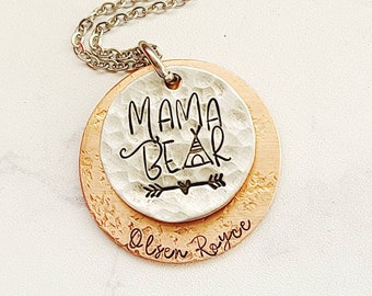 Mama bear necklace, kids names momma necklace, copper and silver, layered disc necklace, unique mom jewelry, mommy necklace, new mom gift