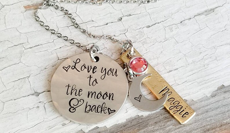 Love you to the moon and back, mom necklace, mixed metal, mommy jewelry, moon necklace, new mom gift, new baby gift, mothers necklace image 3