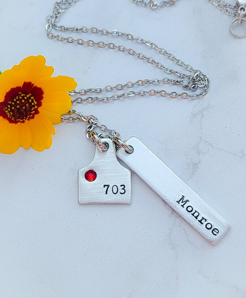 Tiny Ear Tag Bar Necklace Cow Name Number Necklace Custom Etsy