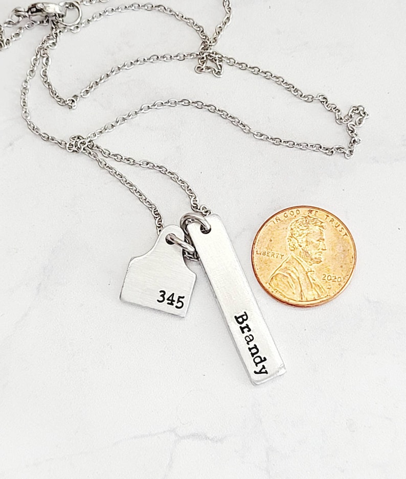 Tiny Ear Tag Bar Necklace Cow Name Number Necklace Custom Etsy