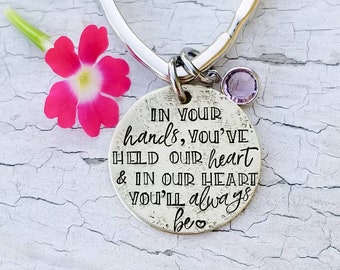 Midwife Keychain, Hand Stamped Brass Disc, Swarovski Birthstone, Doctor Gift