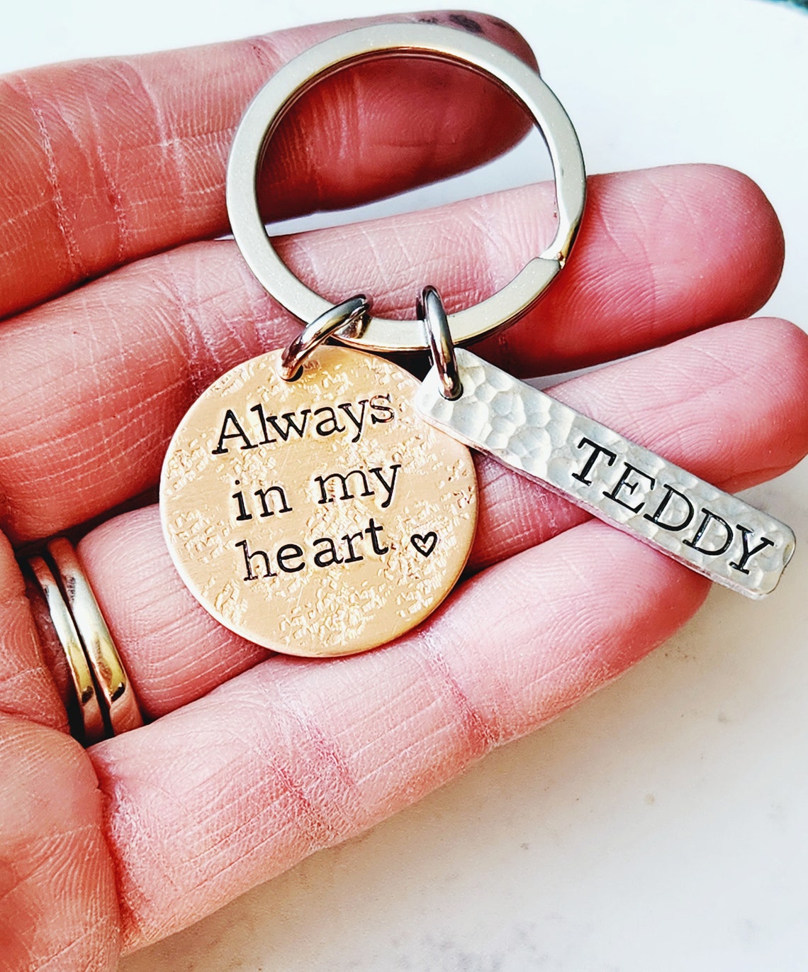 Personalized Memorial Keychain, Loss of Loved One, Hand Stamped Copper ...