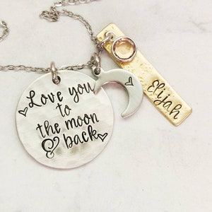 Love you to the moon and back, mom necklace, mixed metal, mommy jewelry, moon necklace, new mom gift, new baby gift, mothers necklace image 1