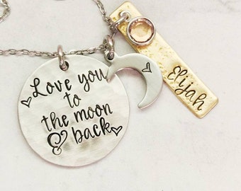 Love you to the moon and back, mom necklace, mixed metal, mommy jewelry, moon necklace, new mom gift, new baby gift, mothers necklace