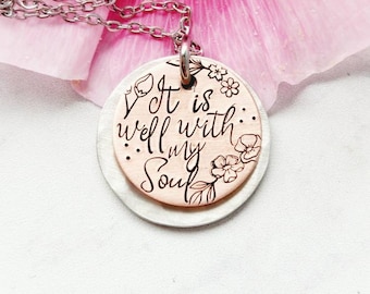 Hand Stamped Hymn Necklace, Copper Pewter Disc, Christian Jewelry