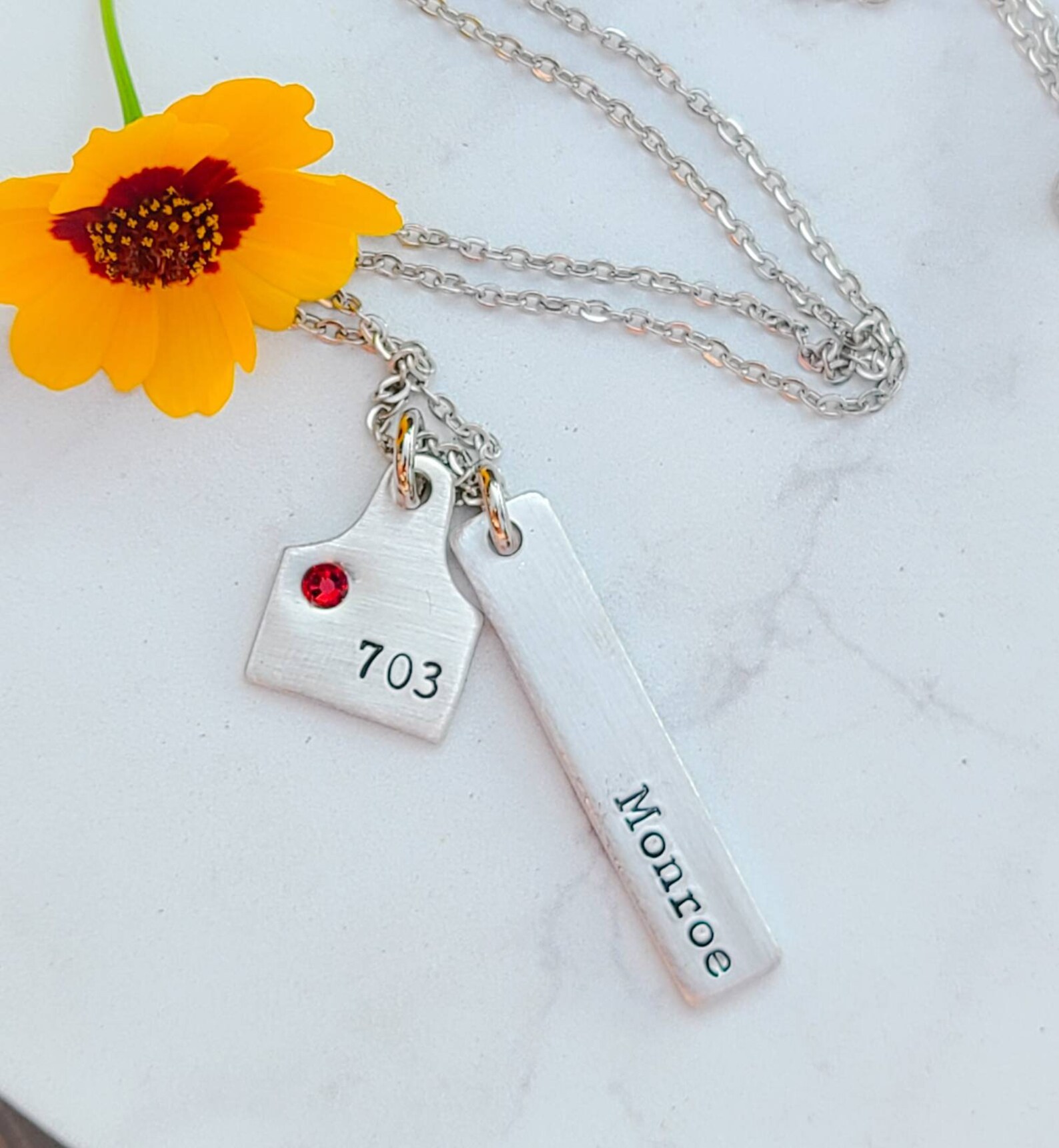 Tiny ear tag bar necklace cow name number necklace custom Etsy