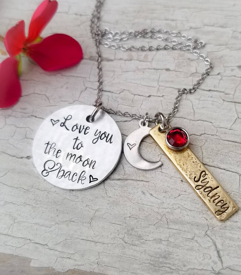 Love you to the moon and back, mom necklace, mixed metal, mommy jewelry, moon necklace, new mom gift, new baby gift, mothers necklace image 2